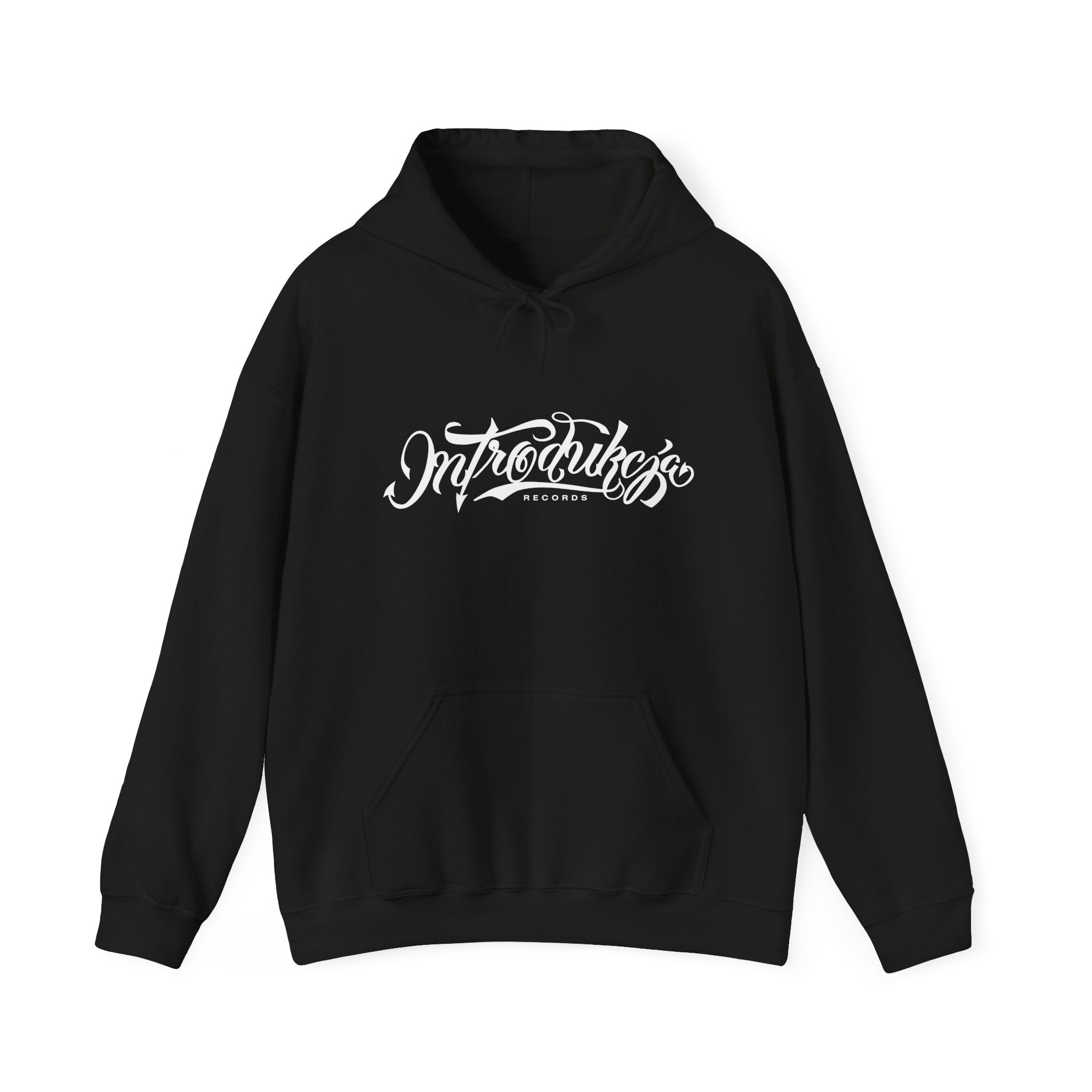 Black hoodie with white text on a white background