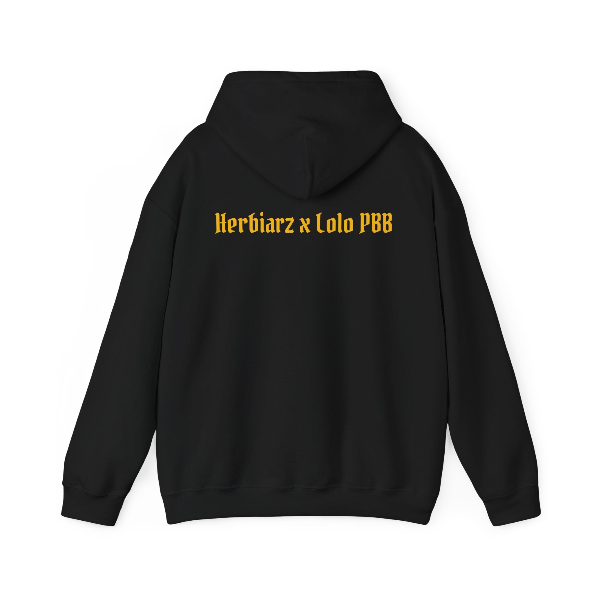 Black hoodie with yellow text on the back on a white background