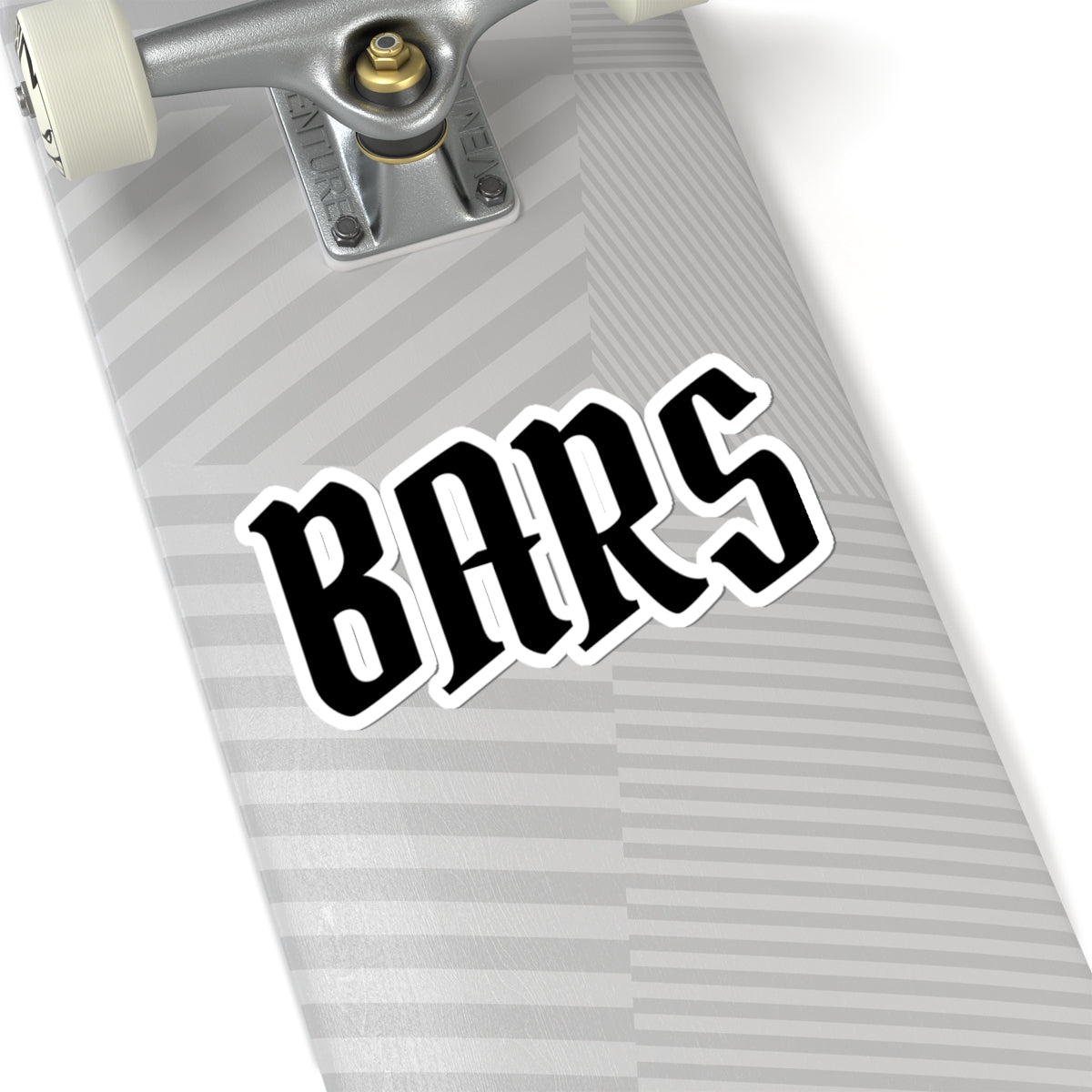 Skateboard with 'BARS' sticker on a white background