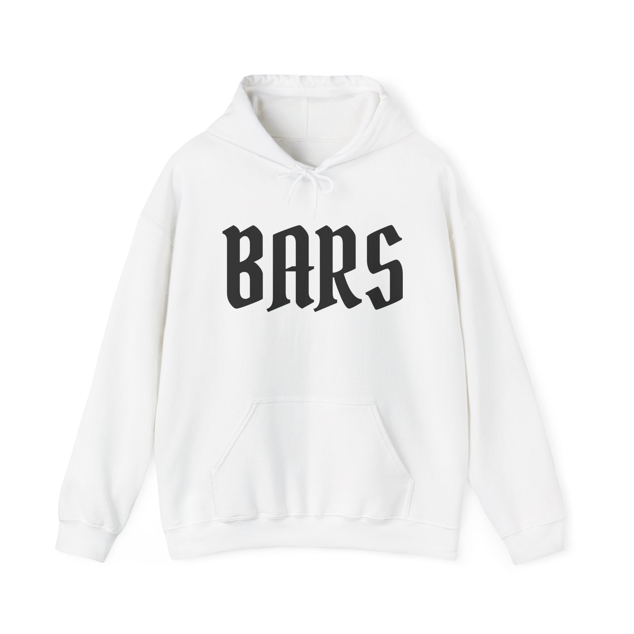 White hoodie with 'BARS' text on a white background