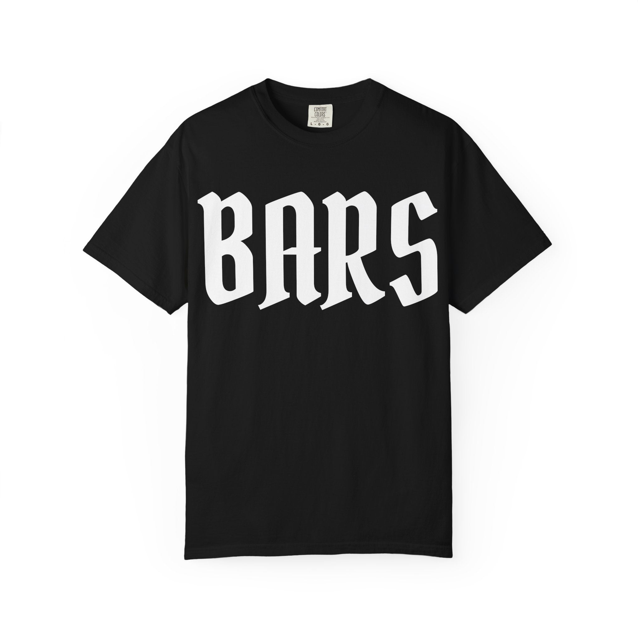 Black t-shirt with 'BARS' printed in white on a white background