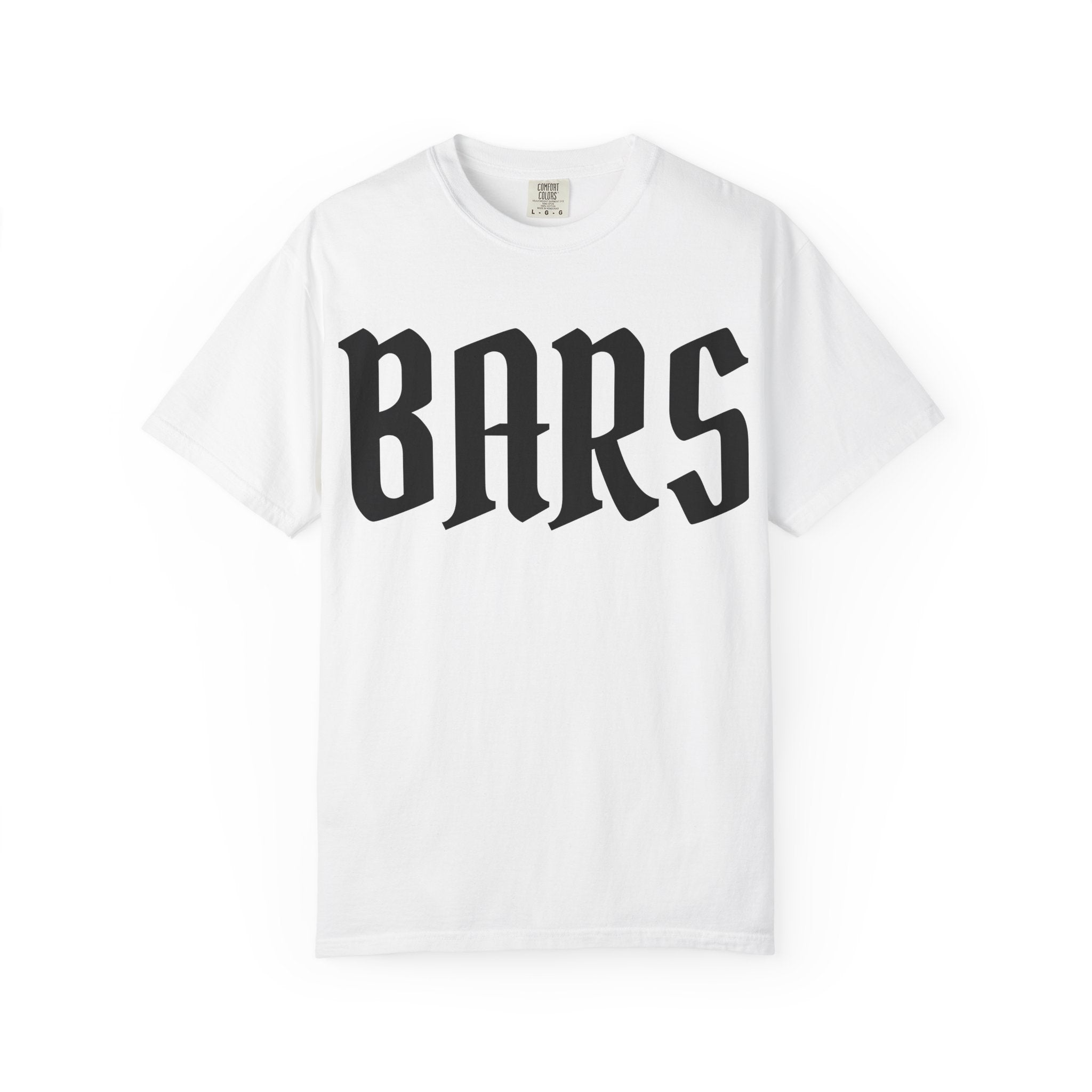 White t-shirt with 'BARS' printed in black on a white background
