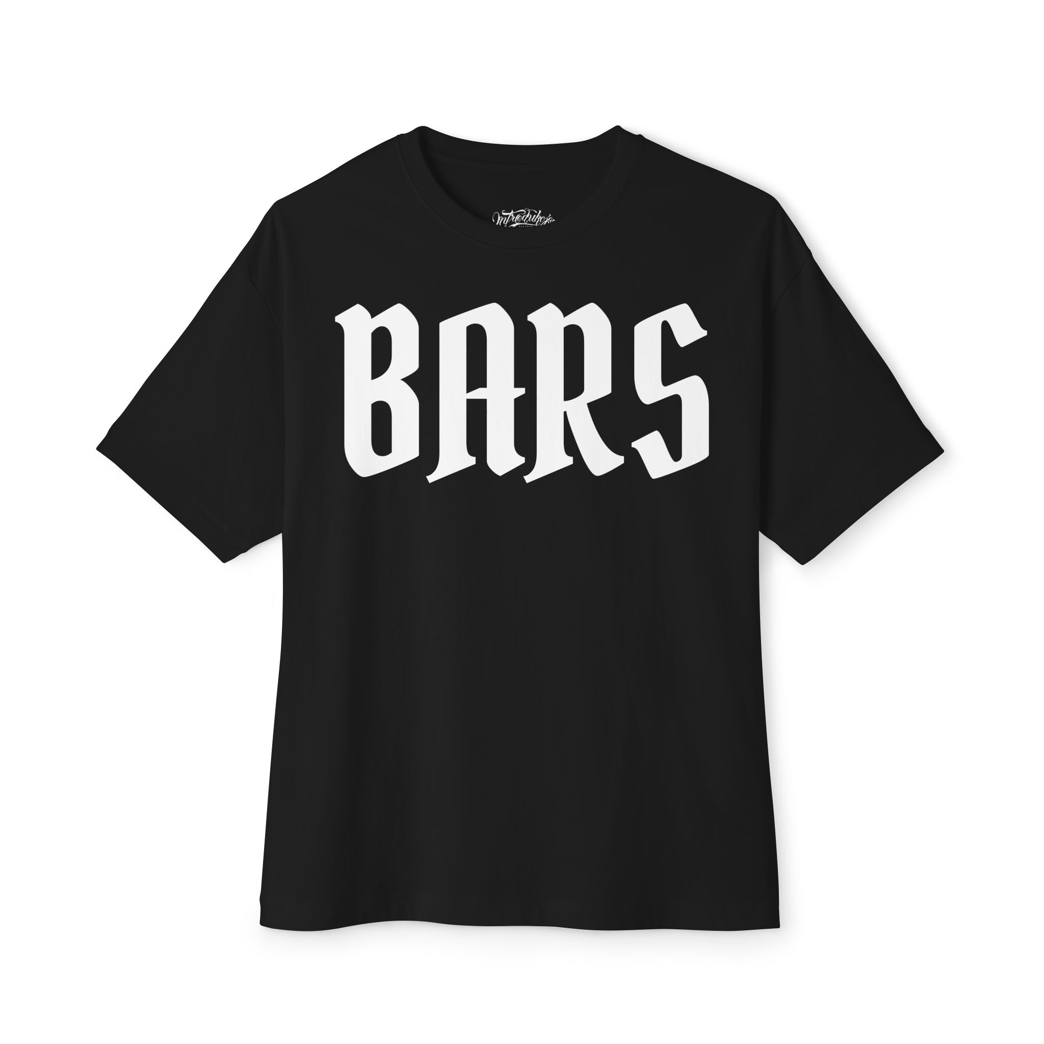Black t-shirt with 'BARS' printed in white on a white background
