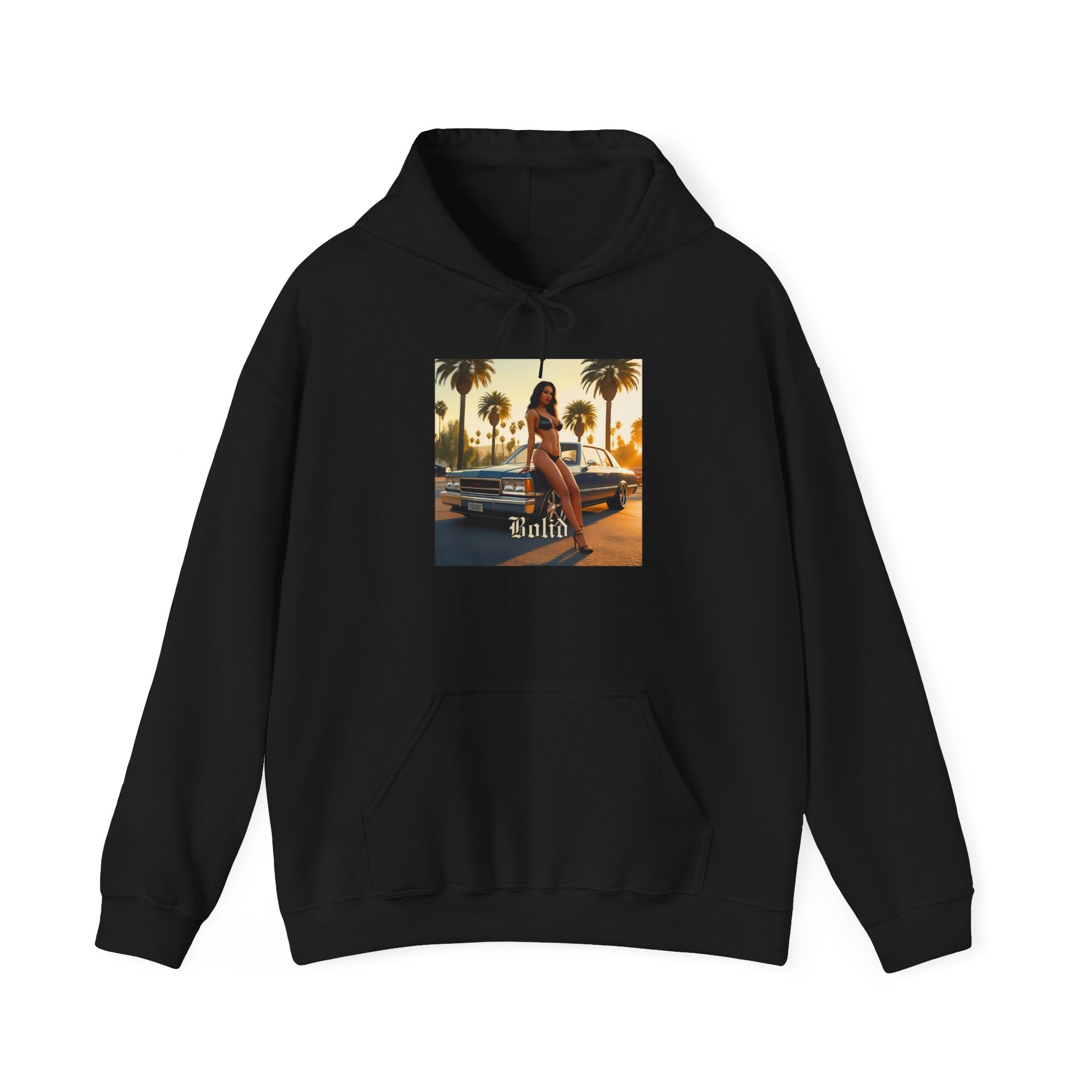 Black hoodie with a graphic of a woman and car on a white background (Herbiarz x Lolo PBB - Bolid Album cover)