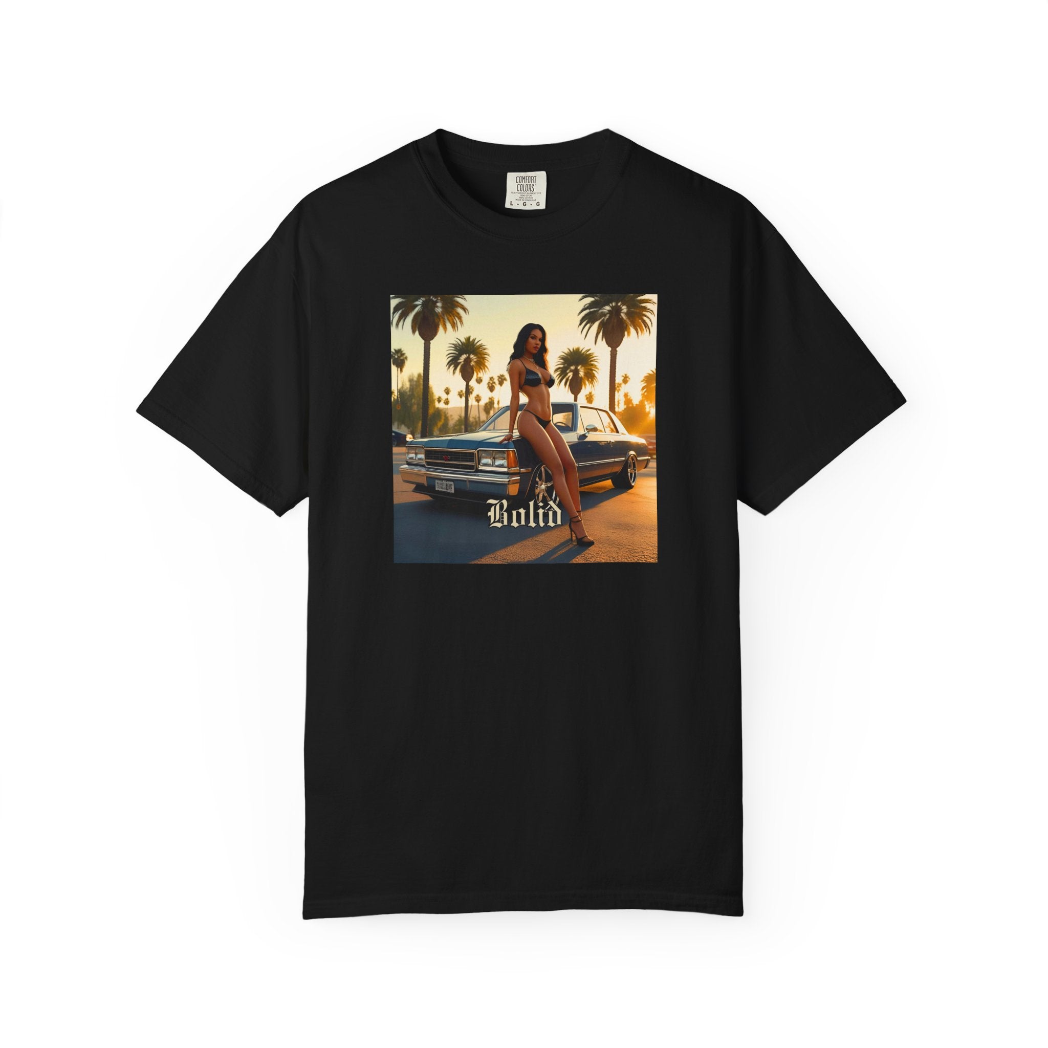 Black t-shirt with a graphic of a woman in a bikini and a car on a white background