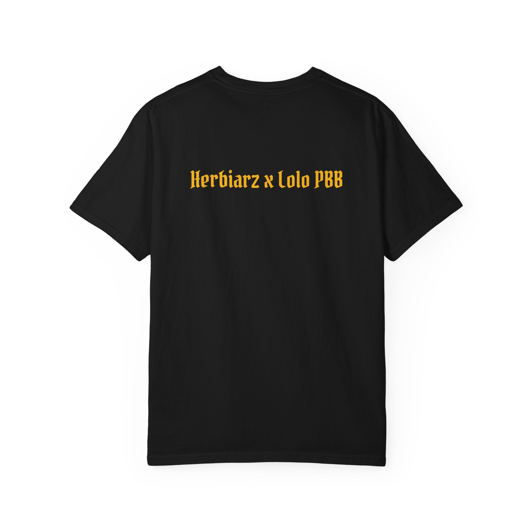 Black t-shirt with yellow text 'Herbiarz x Lolo PBB' on the back against a white background