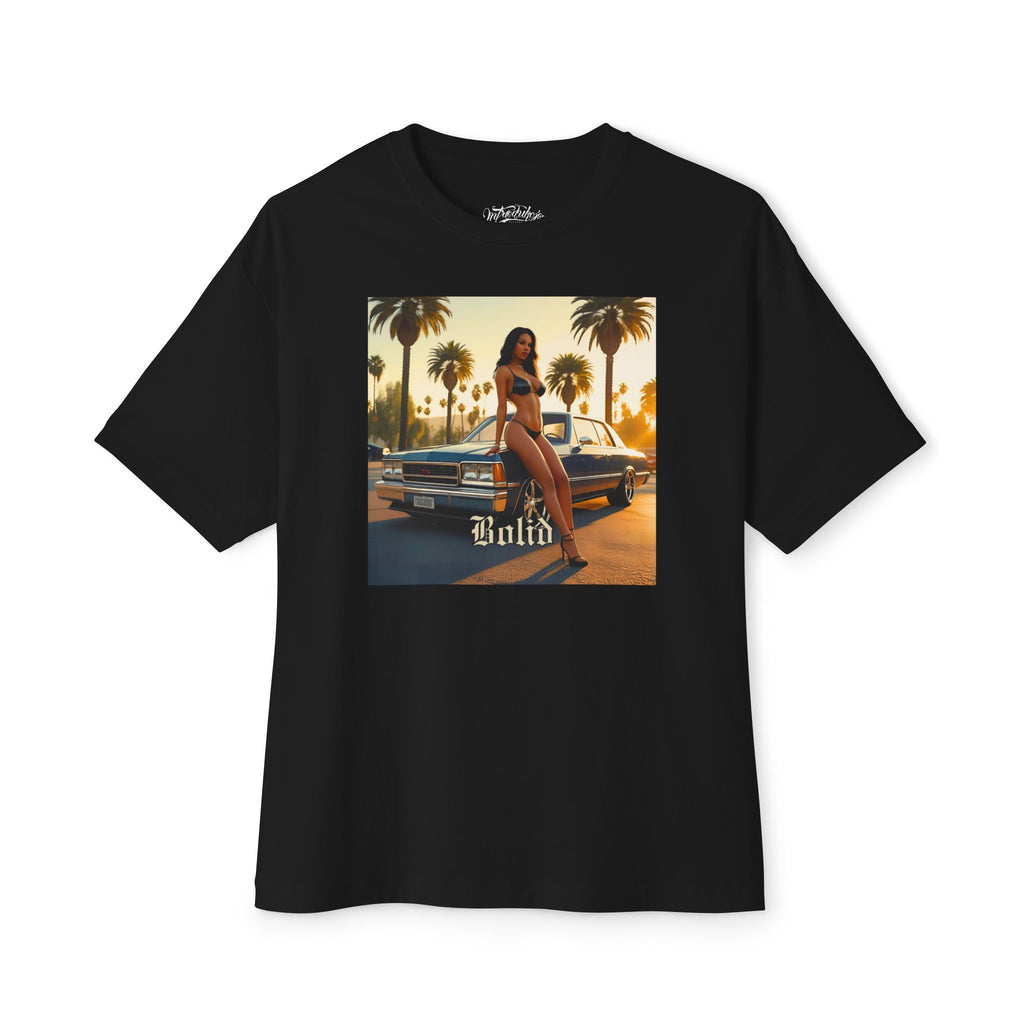 Black t-shirt with a graphic of a woman in a bikini and a car, on a white background.