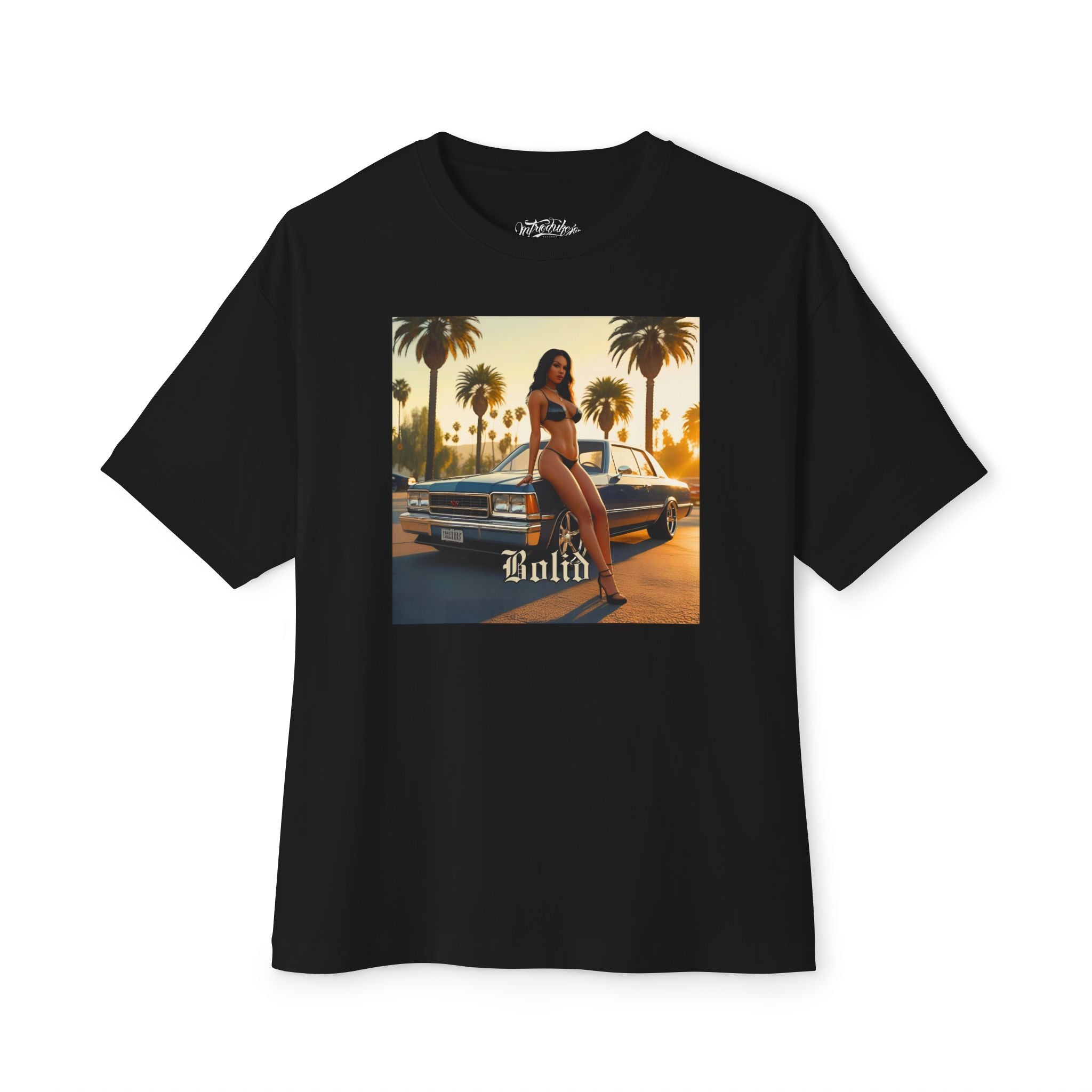 Black t-shirt with a graphic of a woman in a bikini and a car, on a white background.