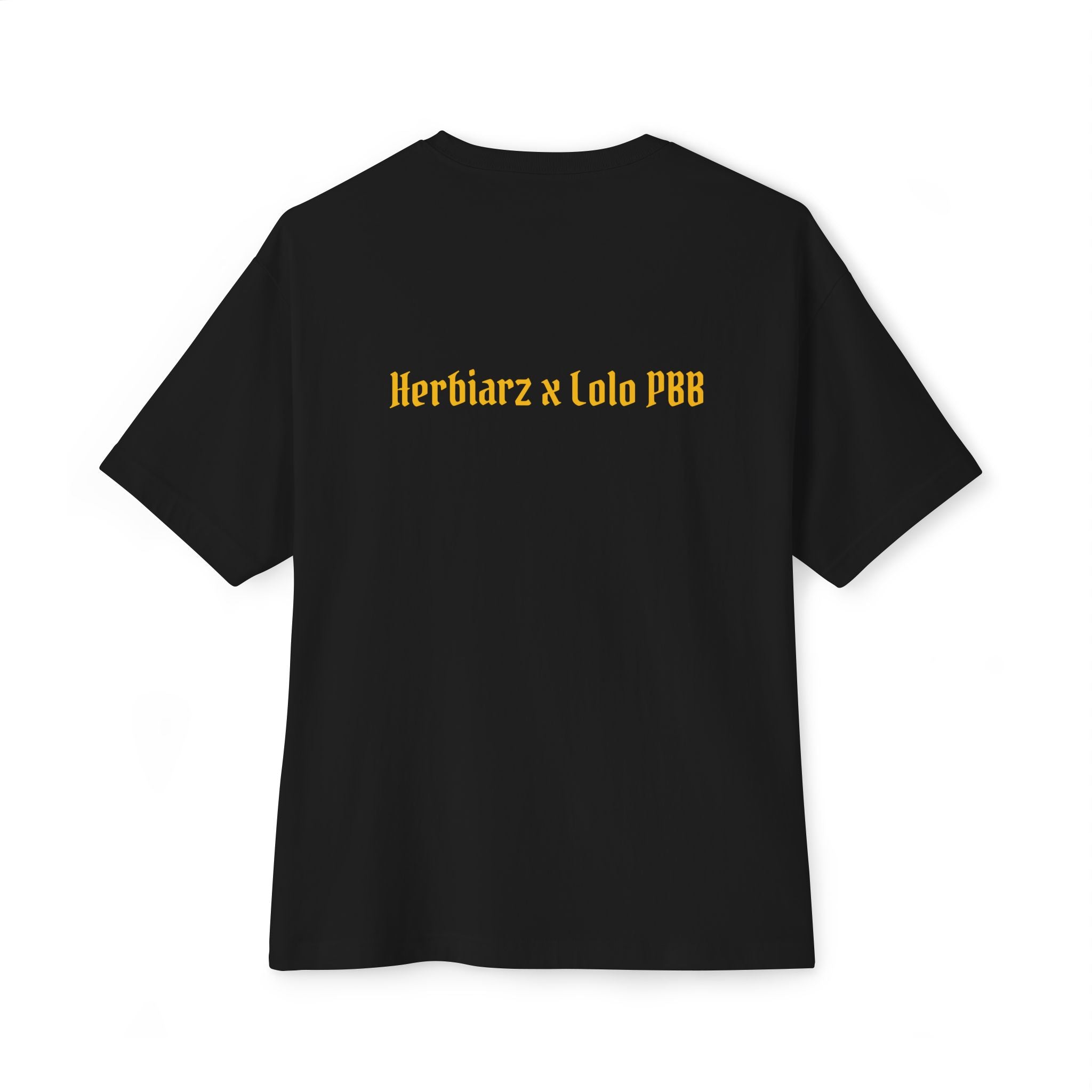 Black t-shirt with yellow text 'Herbiarz x Lolo PBB' on a white background