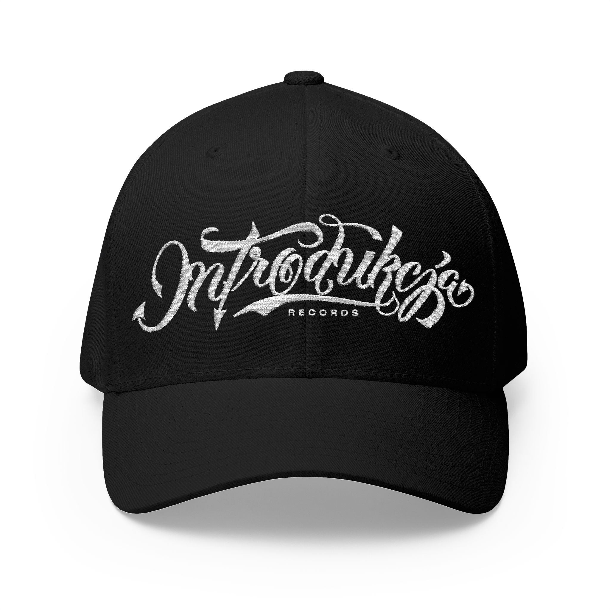 Black cap with white text on a white background