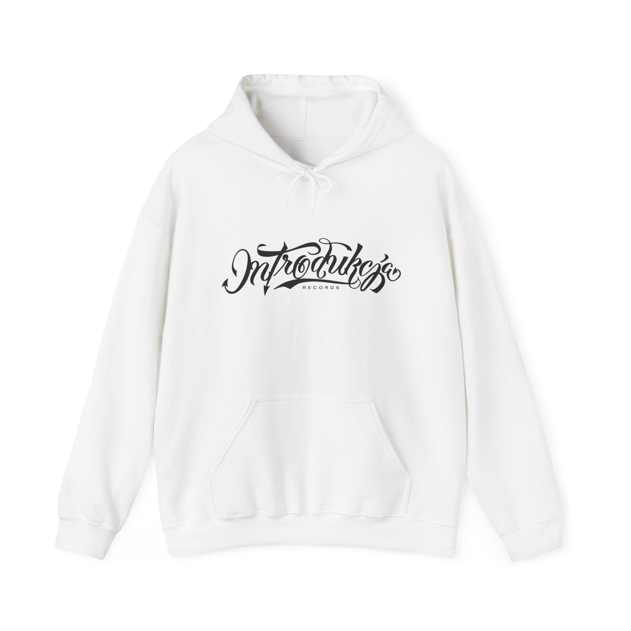 White hoodie with black text on a white background