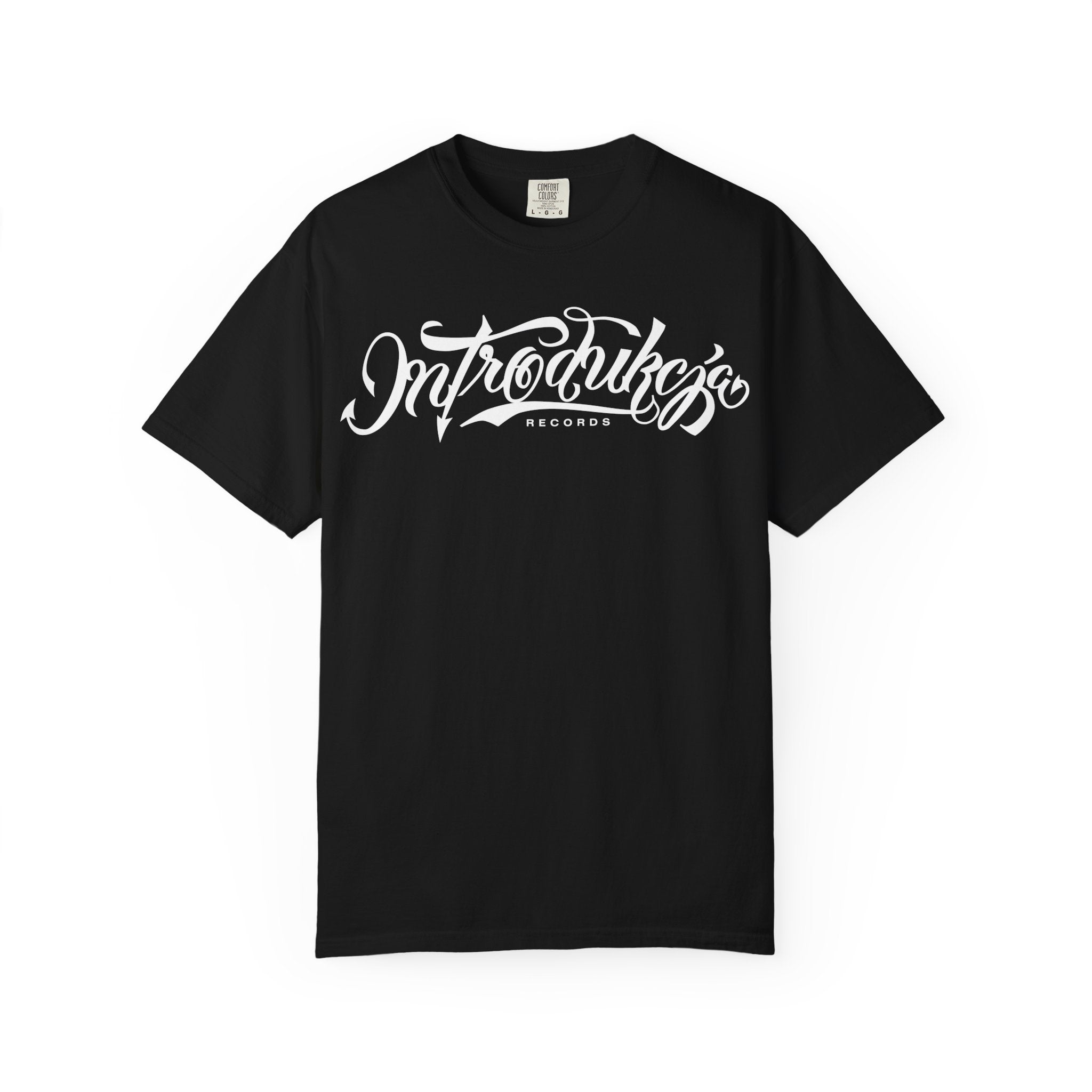 Black t-shirt with white text on a white background