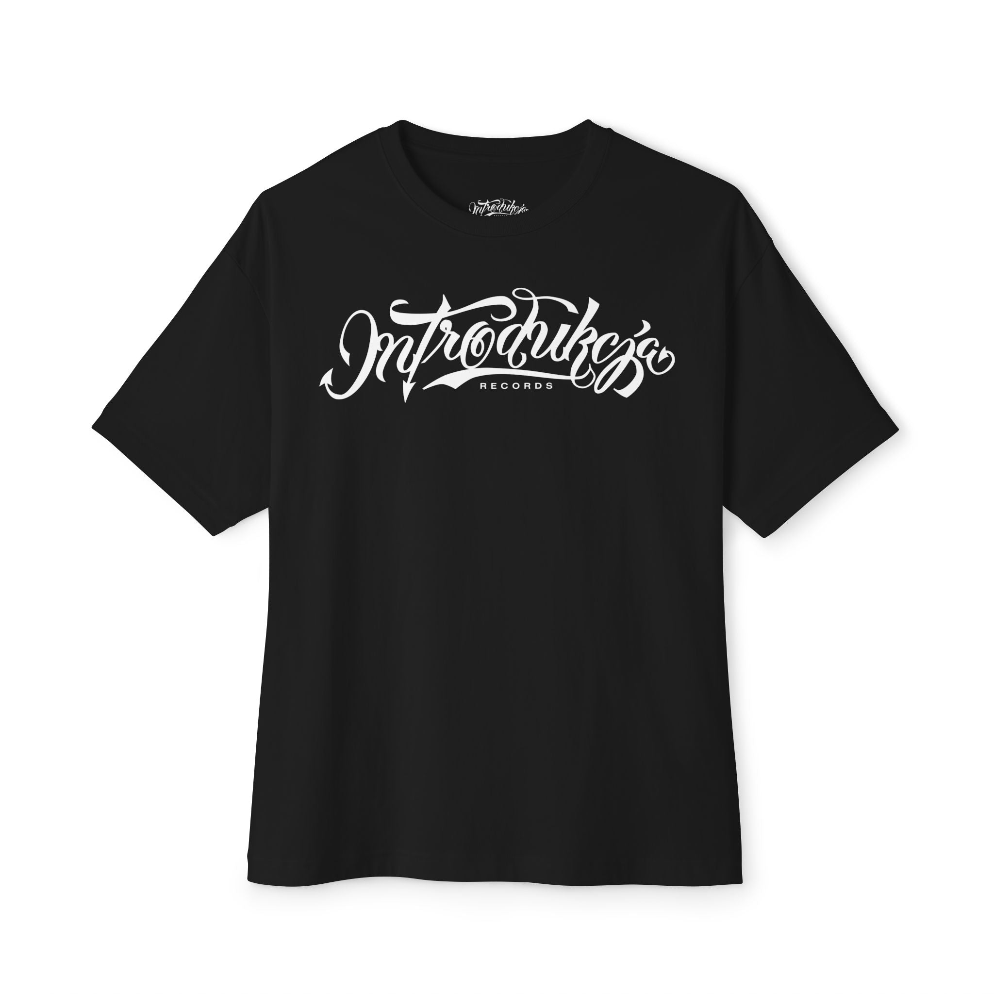 Black t-shirt with white text on a white background