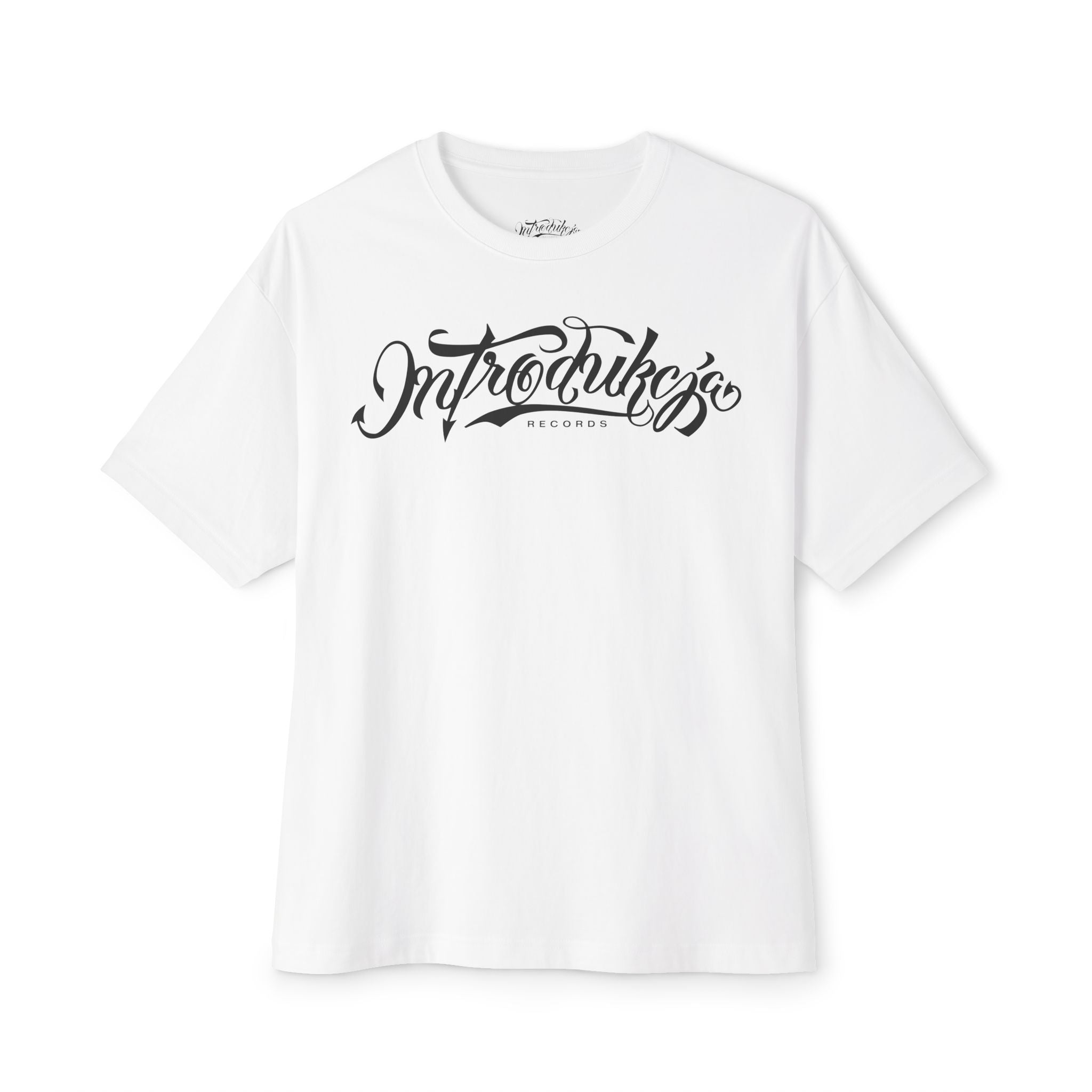 White t-shirt with black text on a white background