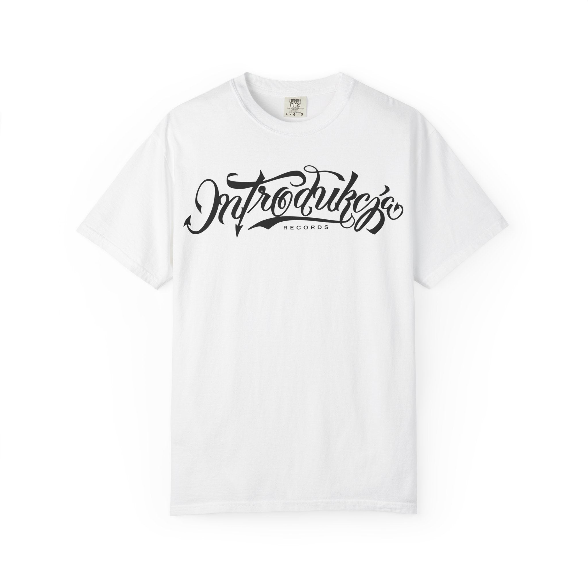 White t-shirt with black text on a white background