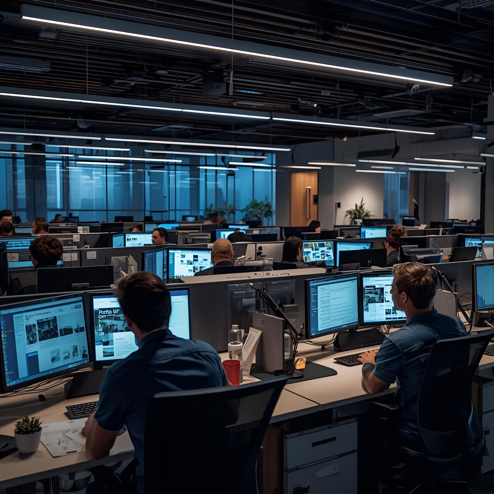 People working at desks with multiple computer monitors in a darkened office setting.
